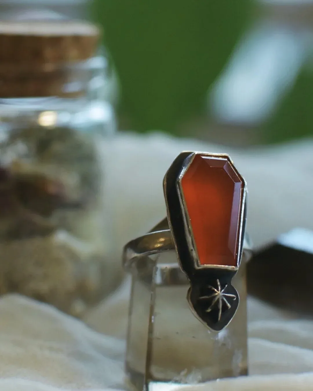 Carnelian and Star Coffin Ring- size 7.25