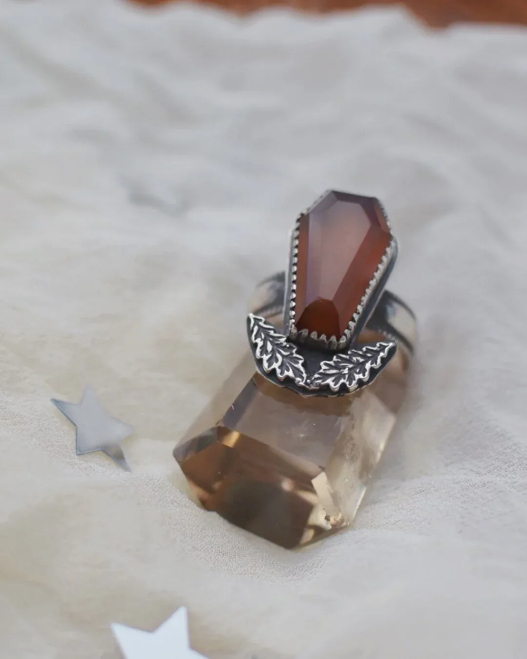 Carnelian and Star Coffin Ring- size 7.25