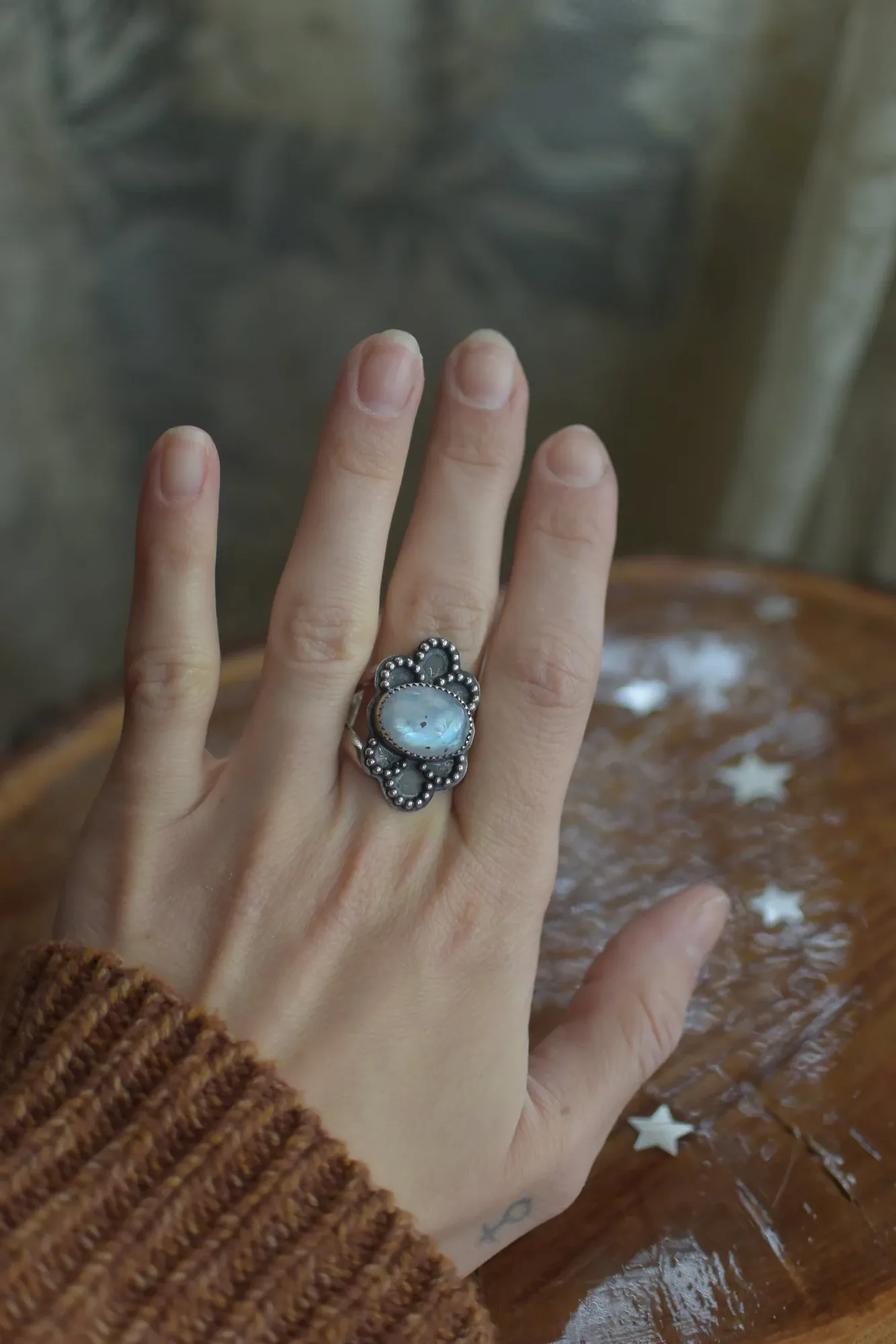 Rainbow Moonstone Lace Ring - Elegant Sterling Silver Jewelry