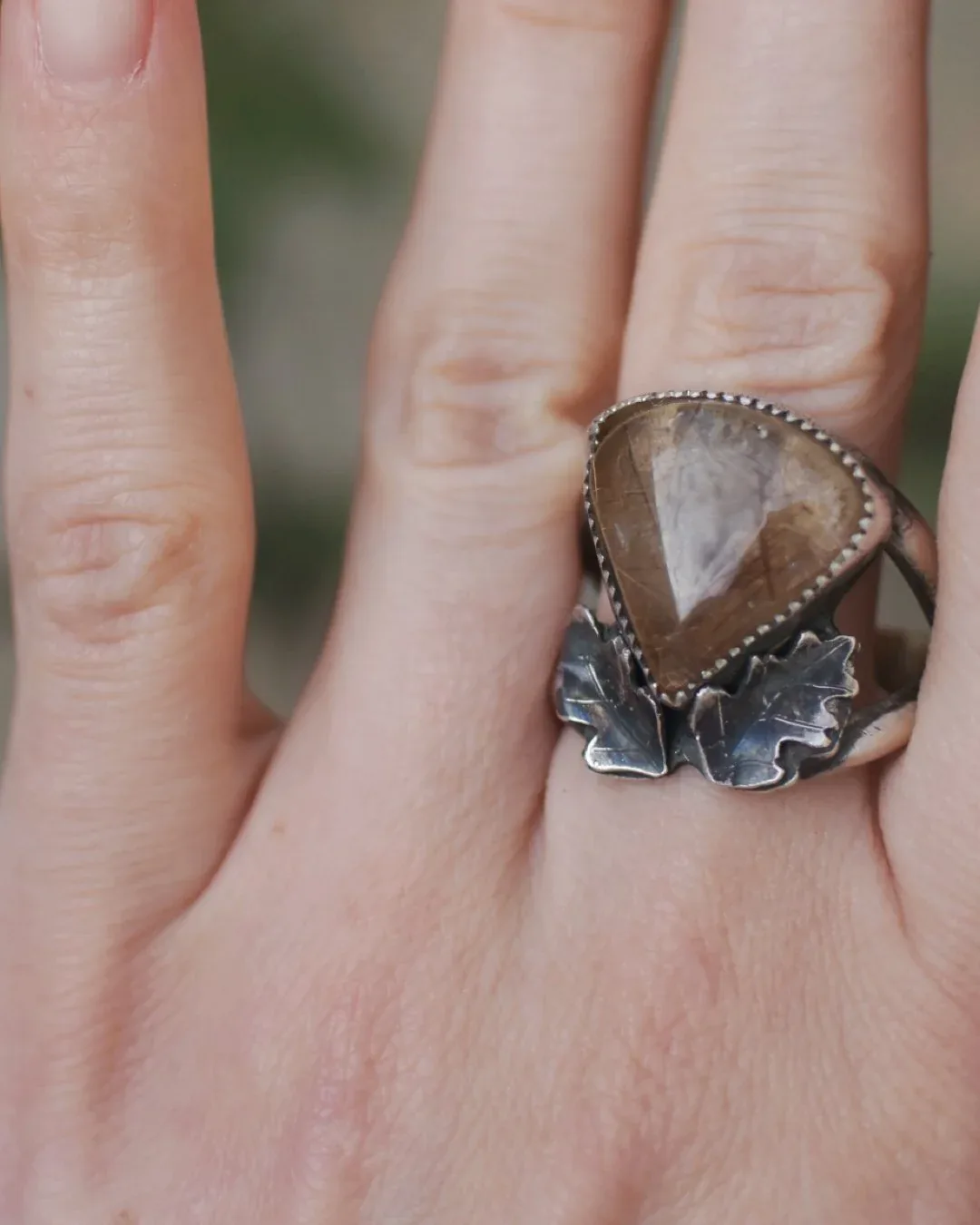 Rutilated Quartz with Silver Oak Leaves Ring- Size 11