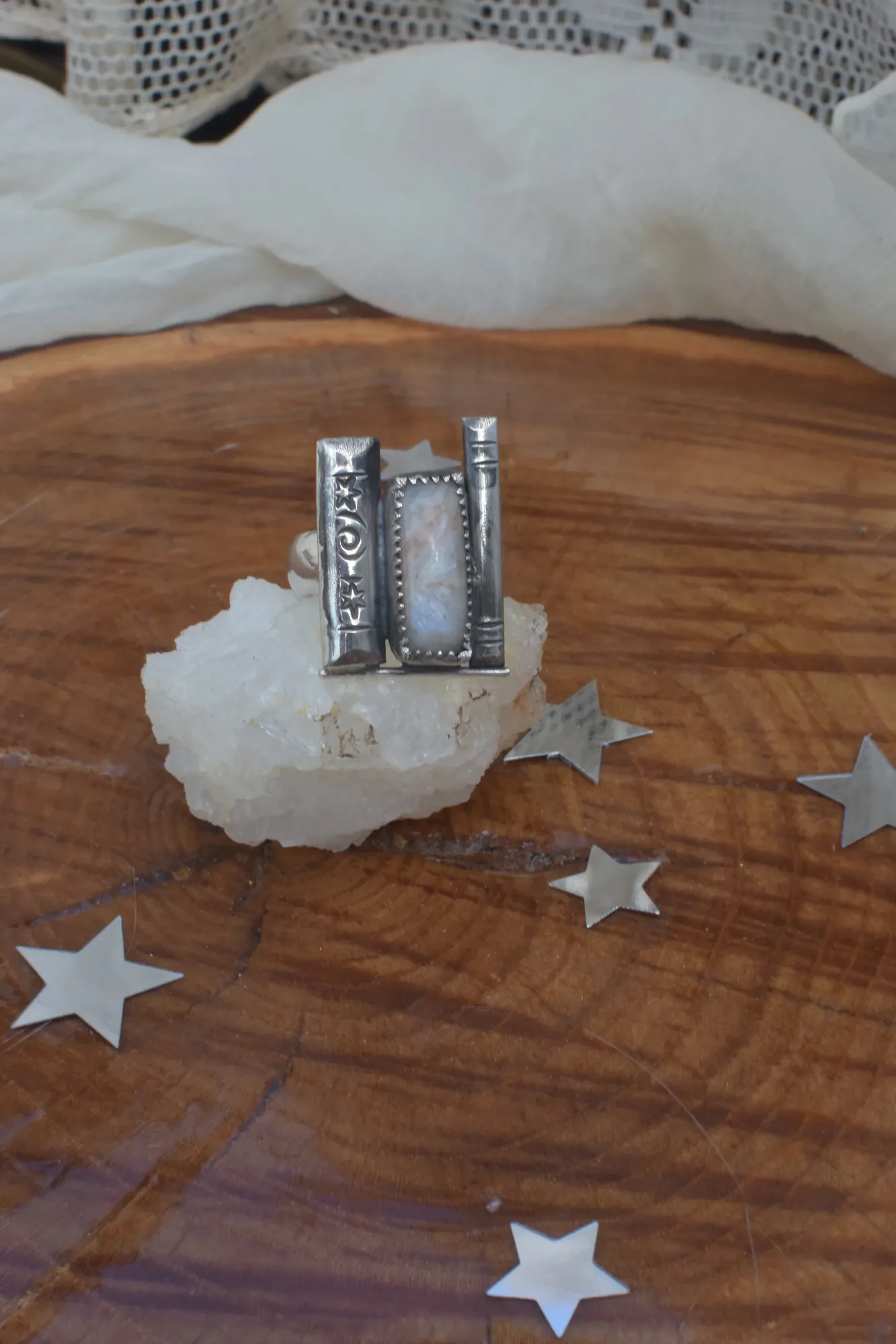 Rutilated Quartz with Silver Oak Leaves Ring- Size 11