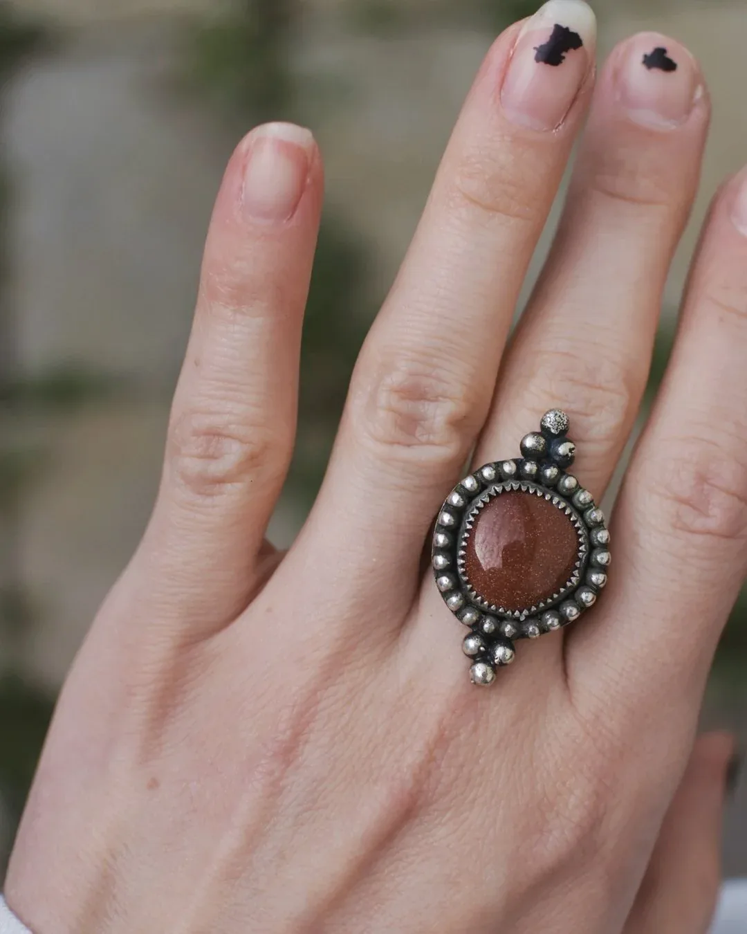Freeform Goldstone with Beaded Border Ring- Size 10.25