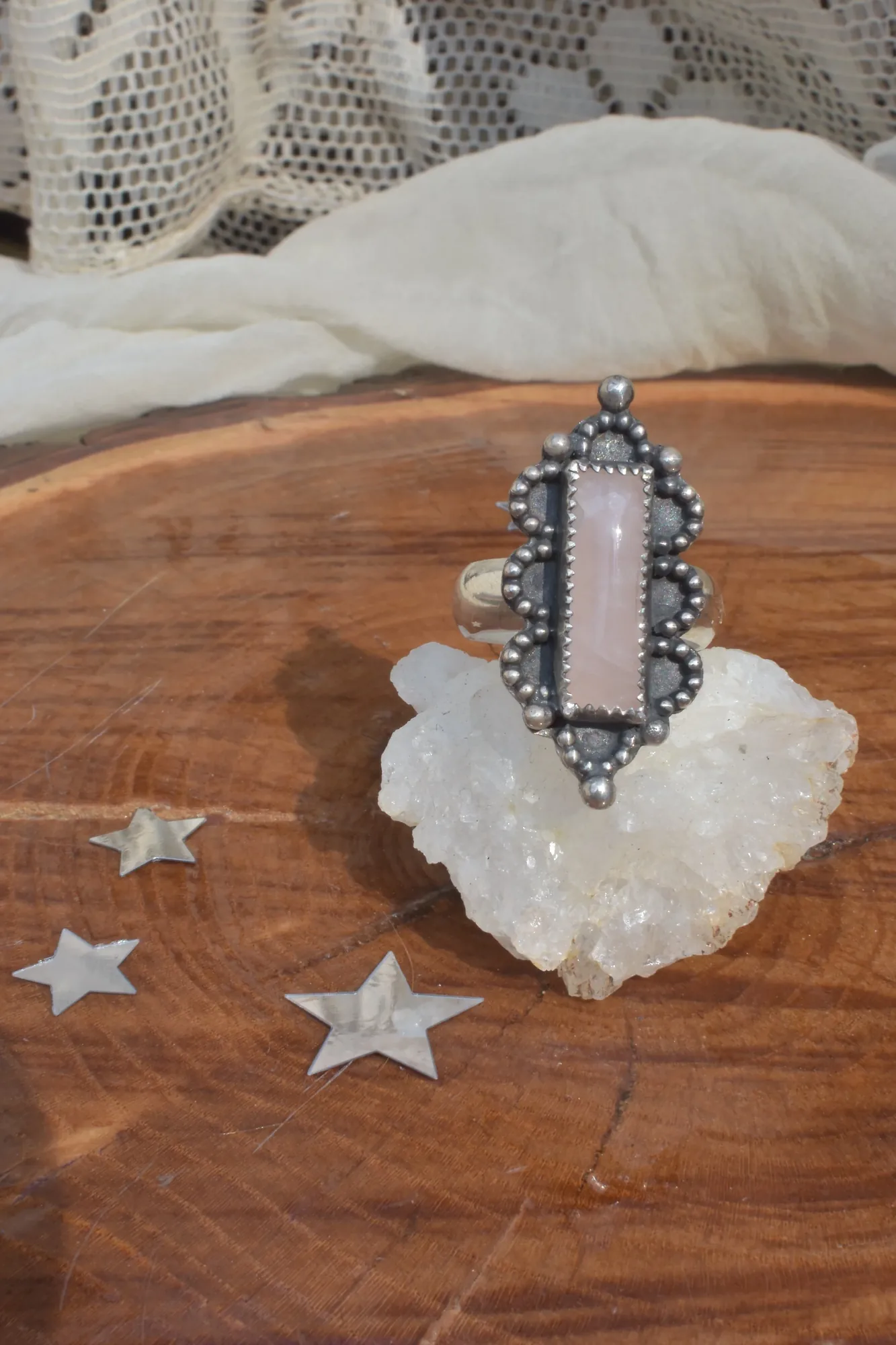 Rose Quartz  Lace Ring- Size 8.75