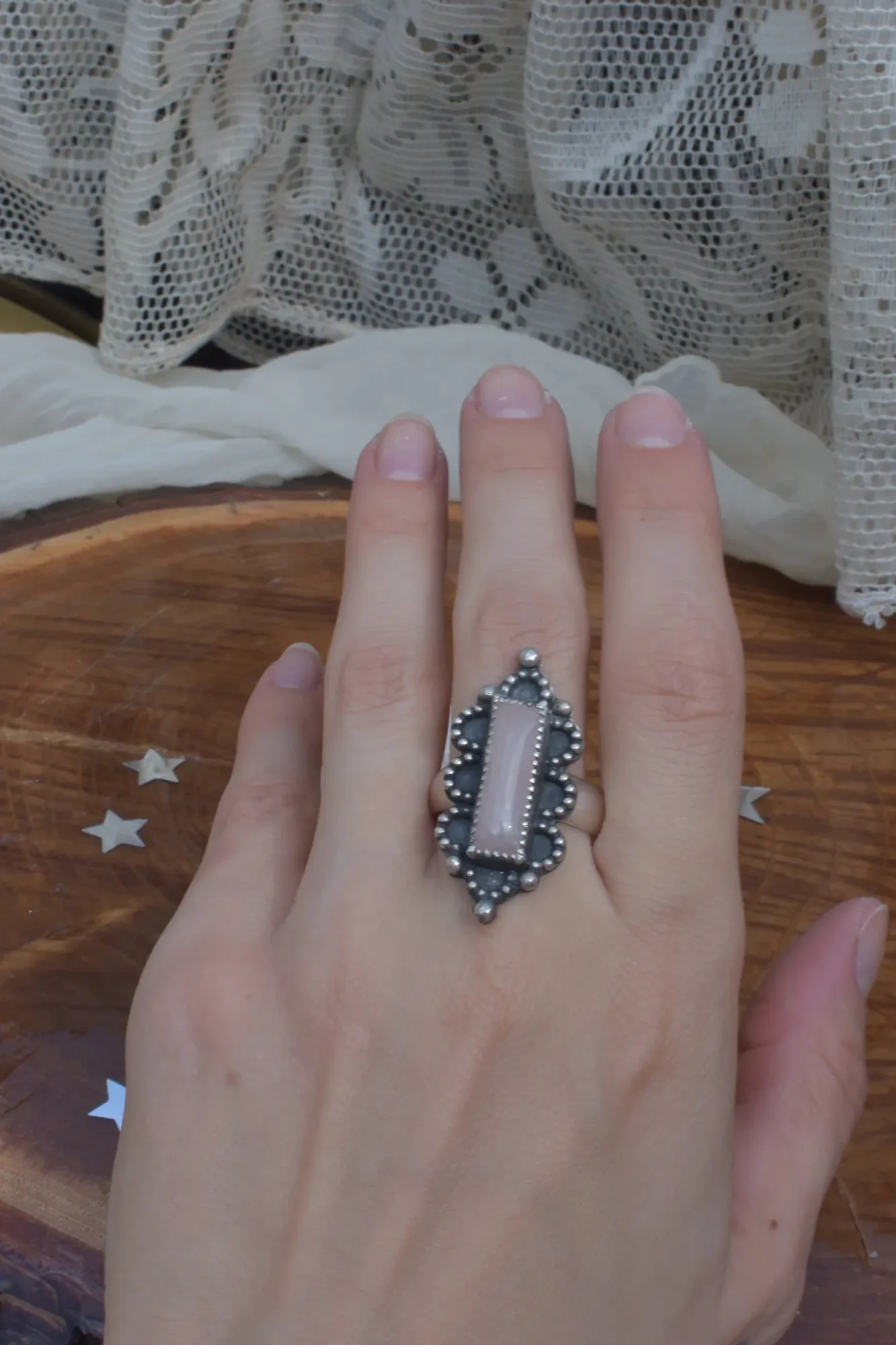 Rose Quartz  Lace Ring- Size 8.75