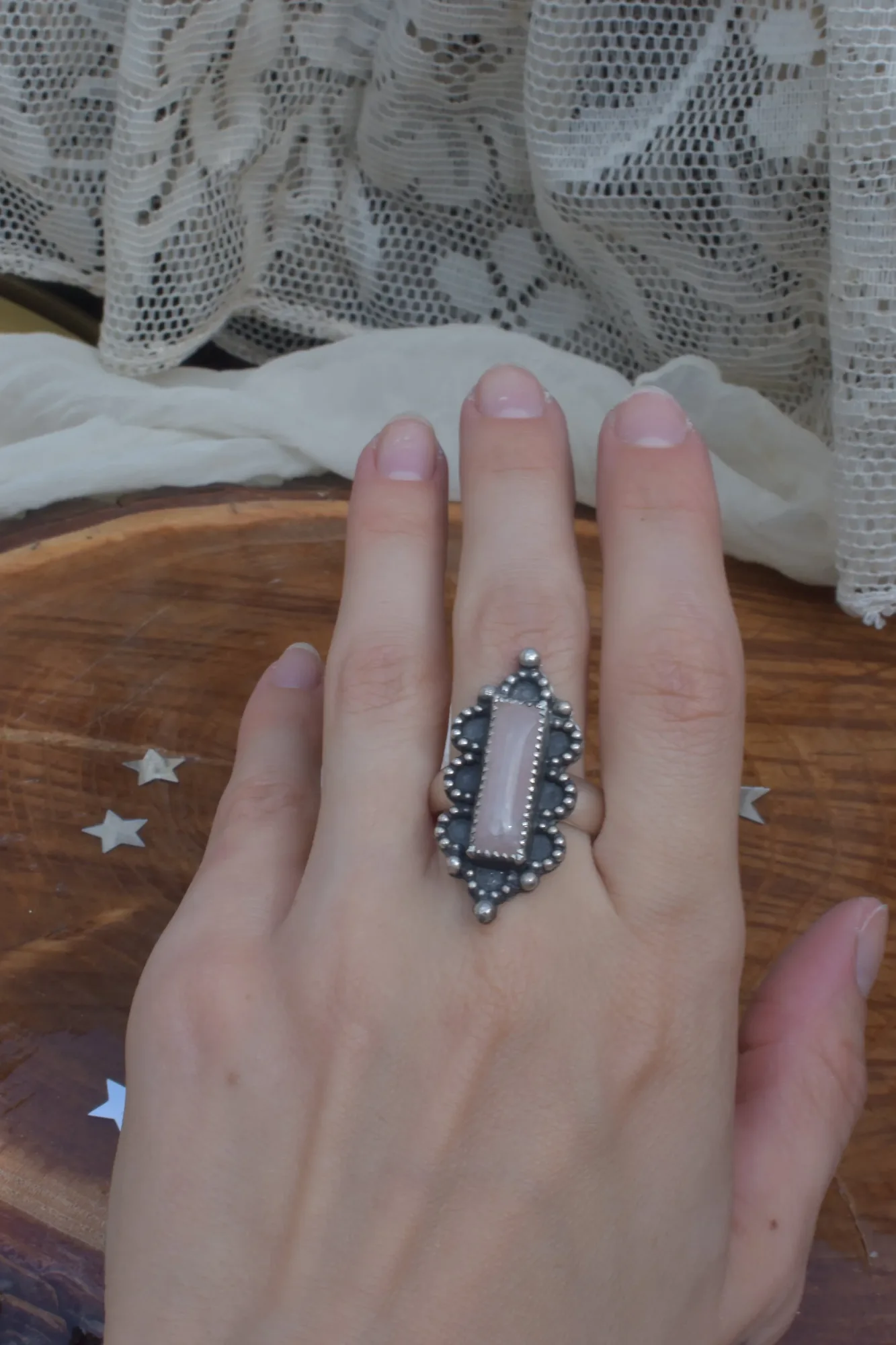 Rose Quartz  Lace Ring- Size 8.75