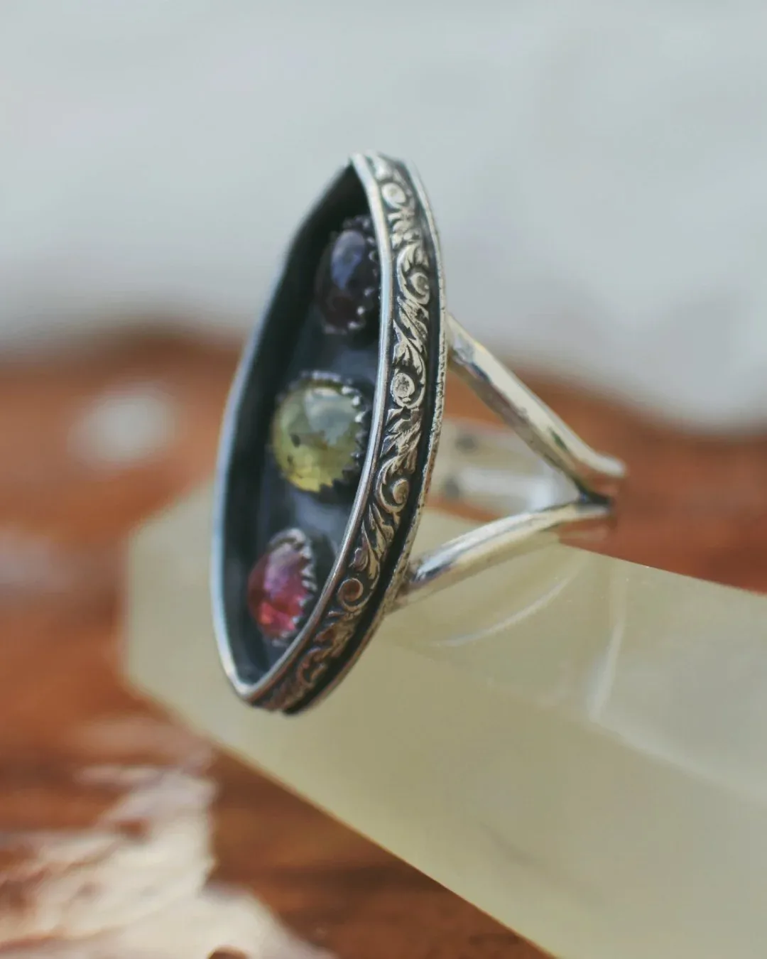 Triple Tourmaline & Filigree Border Ring- SZ 7.5