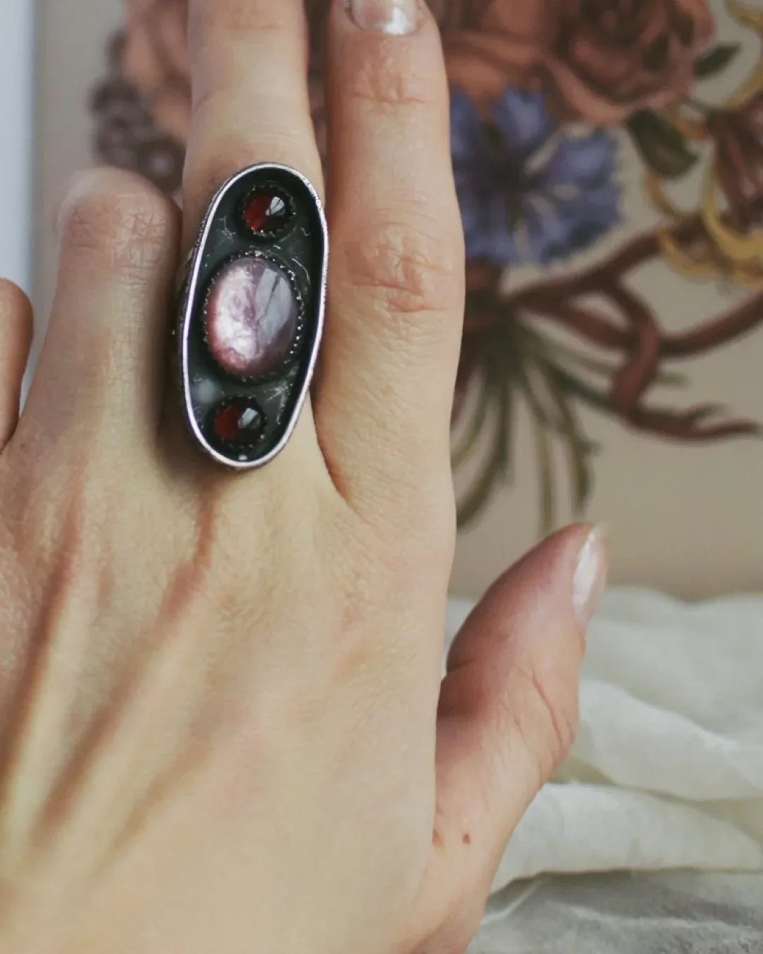 “Adore” - Eros’ Eternal Collection - Lepidolite and Garnet Ring- sz 5