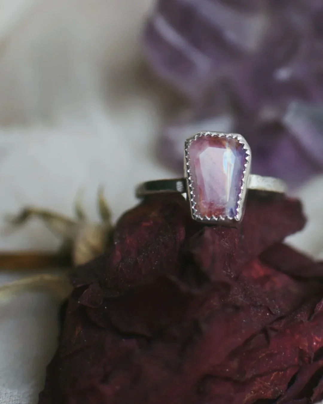 “Adore” - Eros’ Eternal Collection - Lepidolite and Garnet Ring- sz 5
