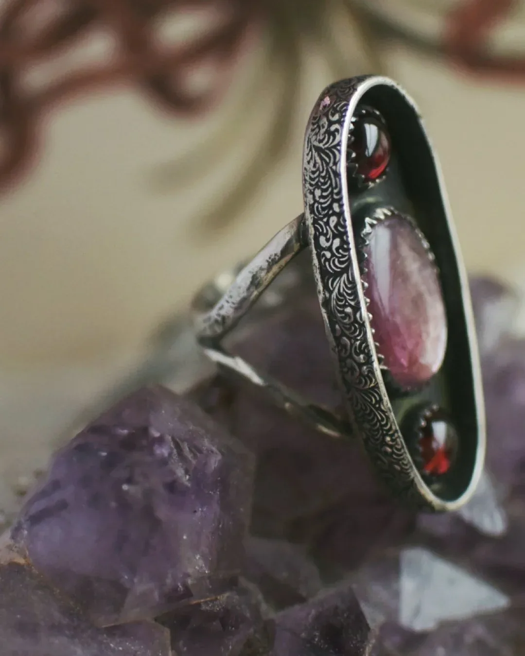 “Adore” - Eros’ Eternal Collection - Lepidolite and Garnet Ring- sz 5