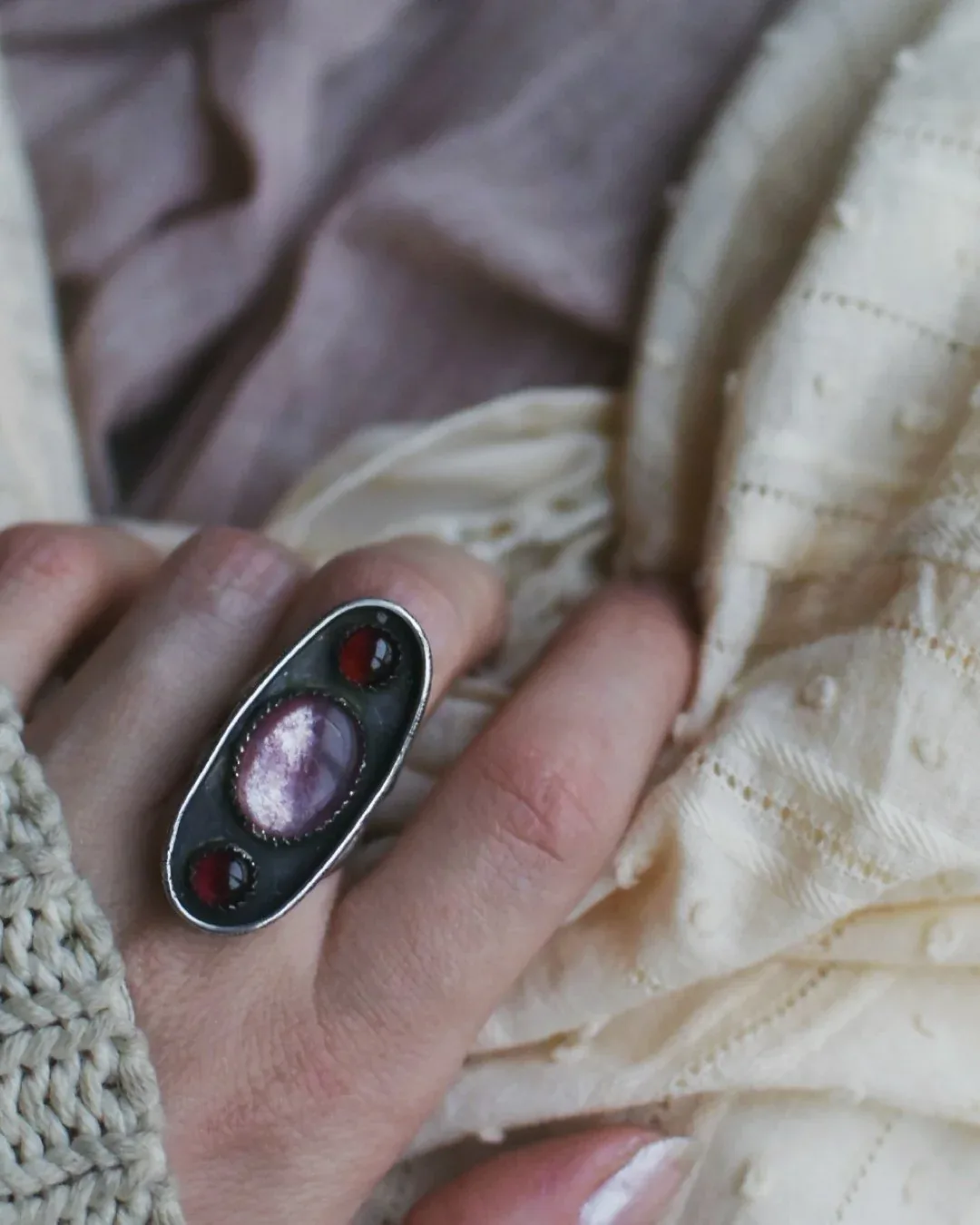 “Adore” - Eros’ Eternal Collection - Lepidolite and Garnet Ring- sz 5