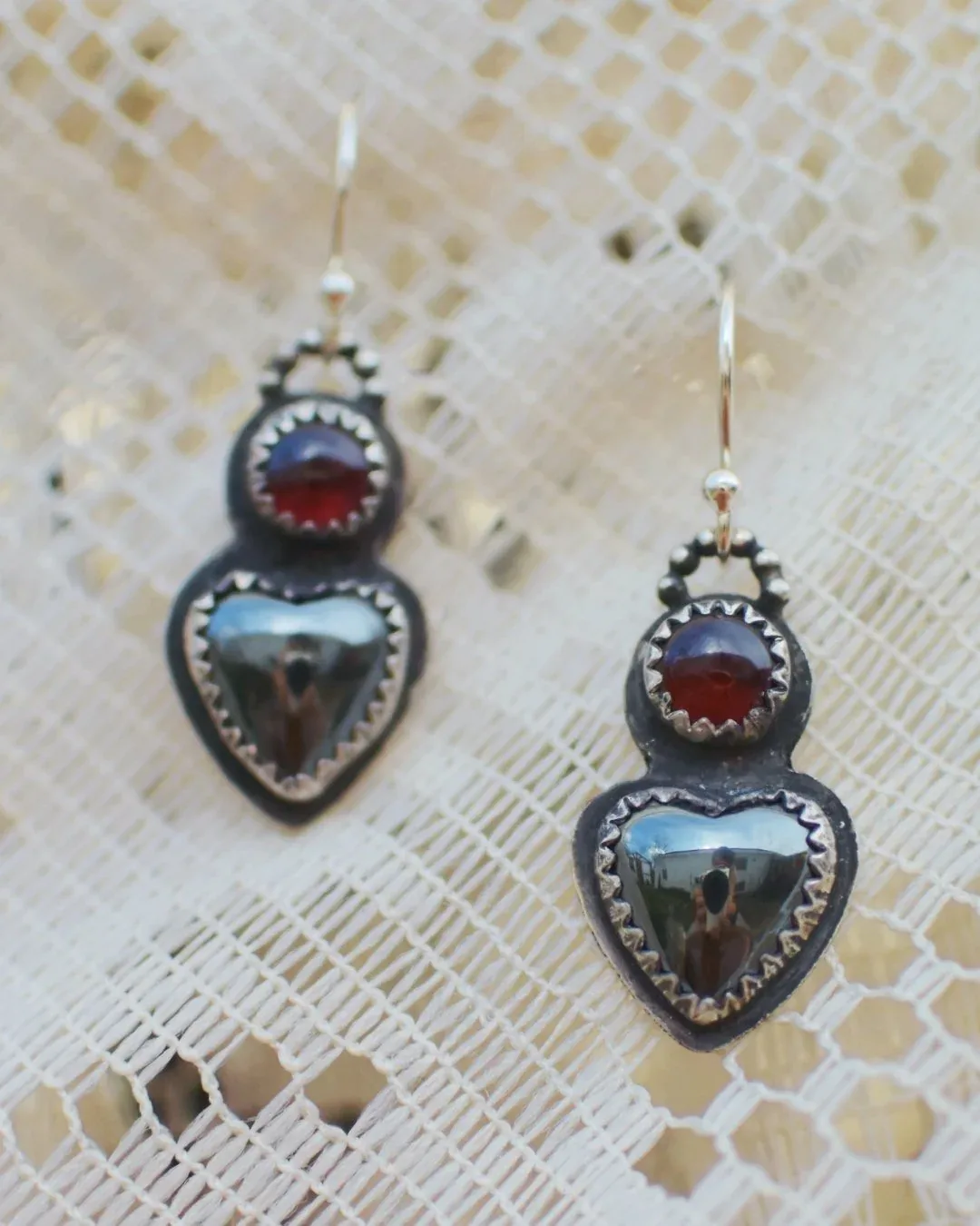Garnet and Hematite Heart Earrings