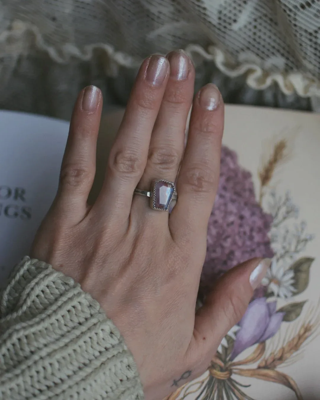 Elongated Oval Labradorite Ring, Size 8.5