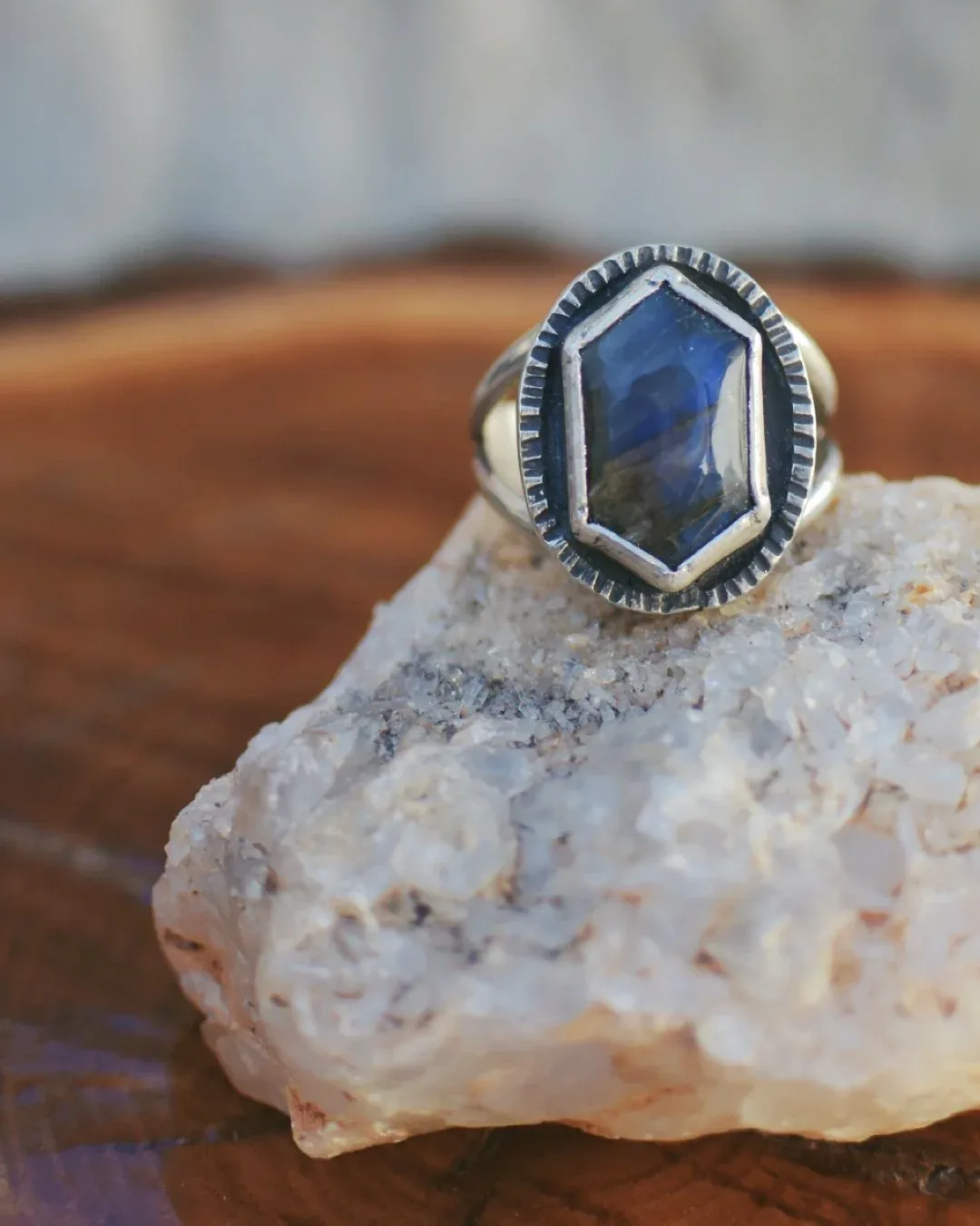 Hexagon Labradorite with Border Ring, Size 9.5