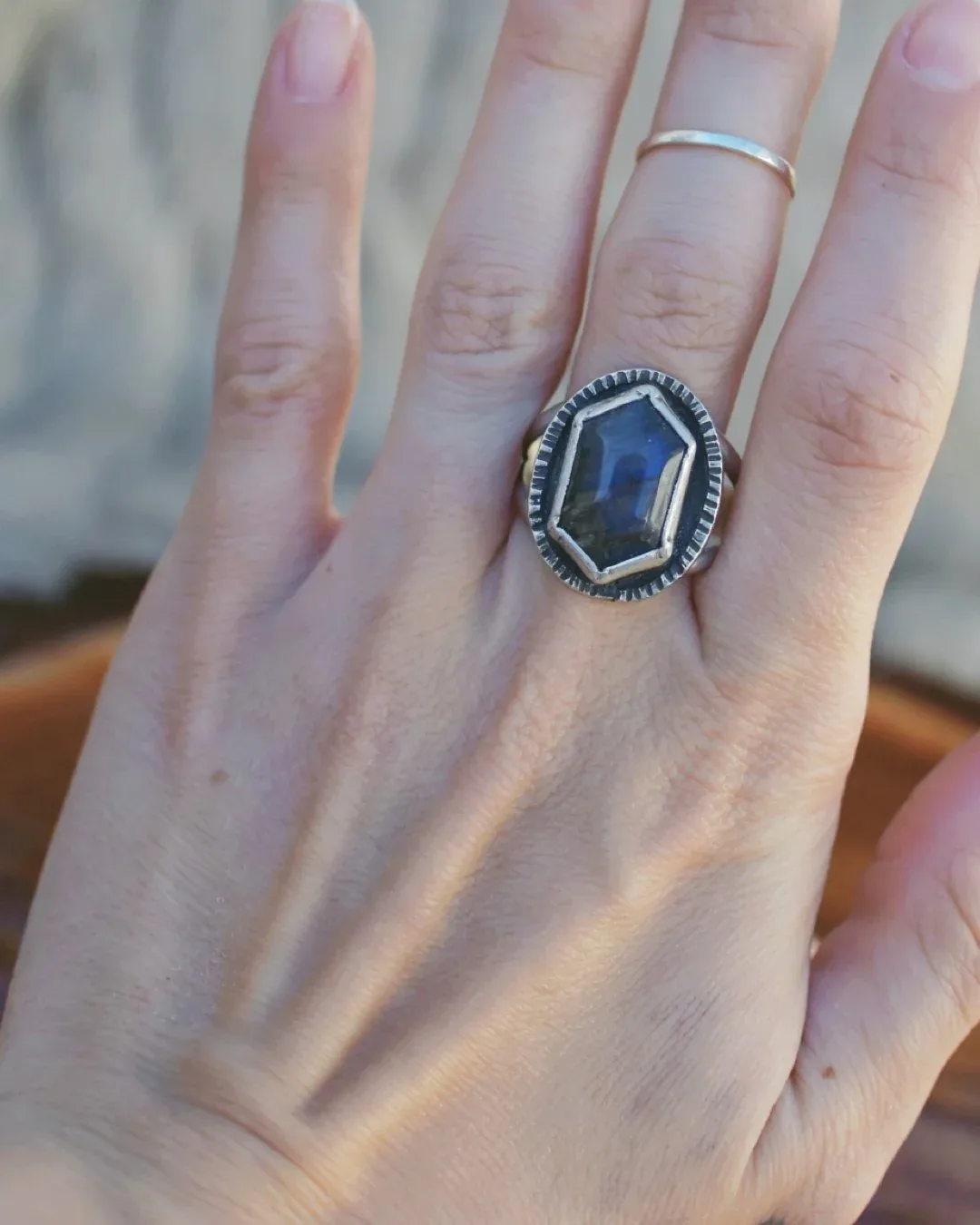 Hexagon Labradorite with Border Ring, Size 9.5