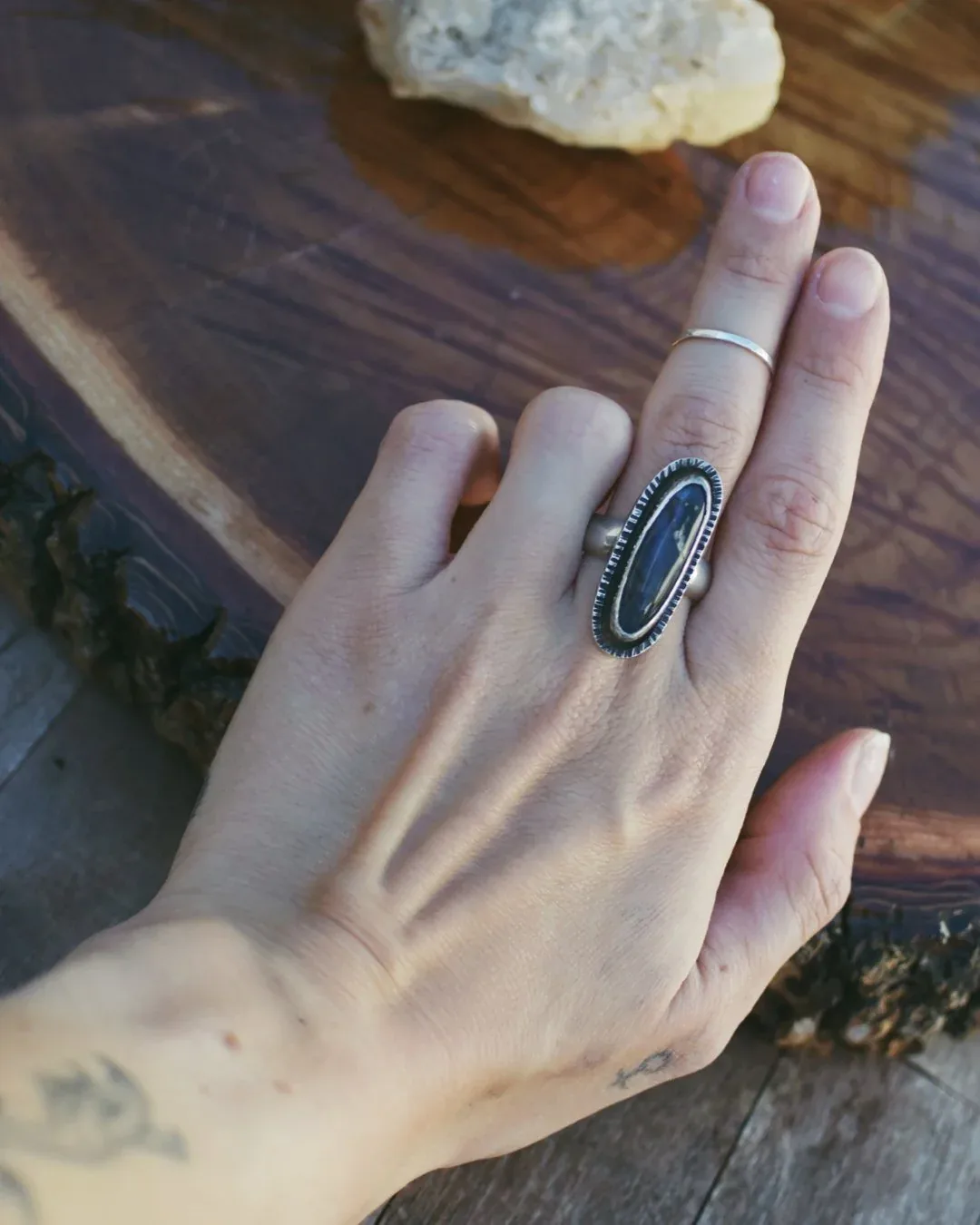Hexagon Labradorite with Border Ring, Size 9.5