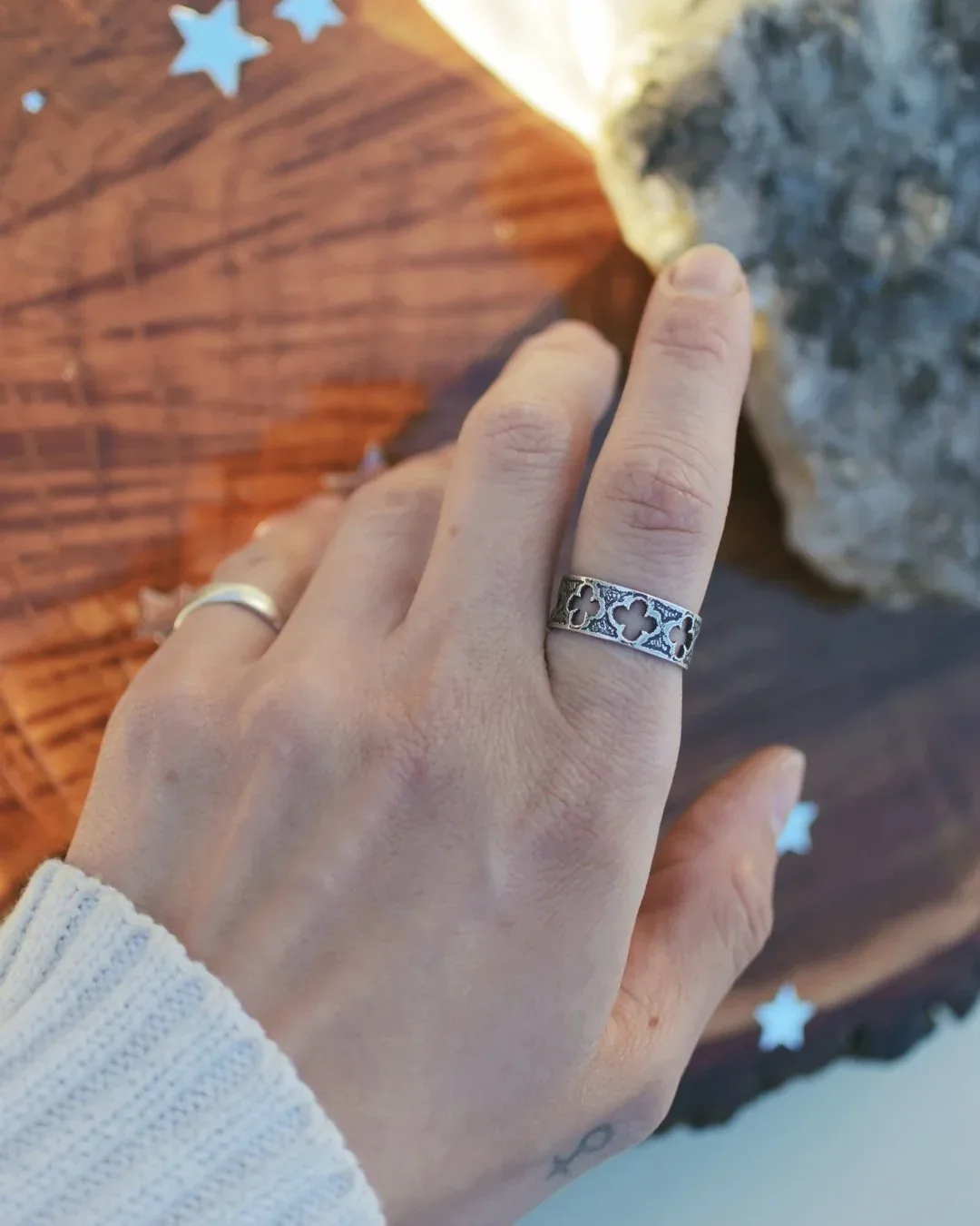 Confetti Sunstone Ring, thick beaded band- Size 7.25