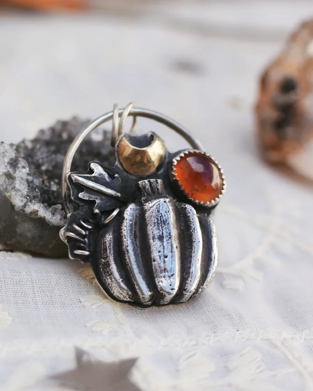 Carved Pumpkin and Hessonite Pendant