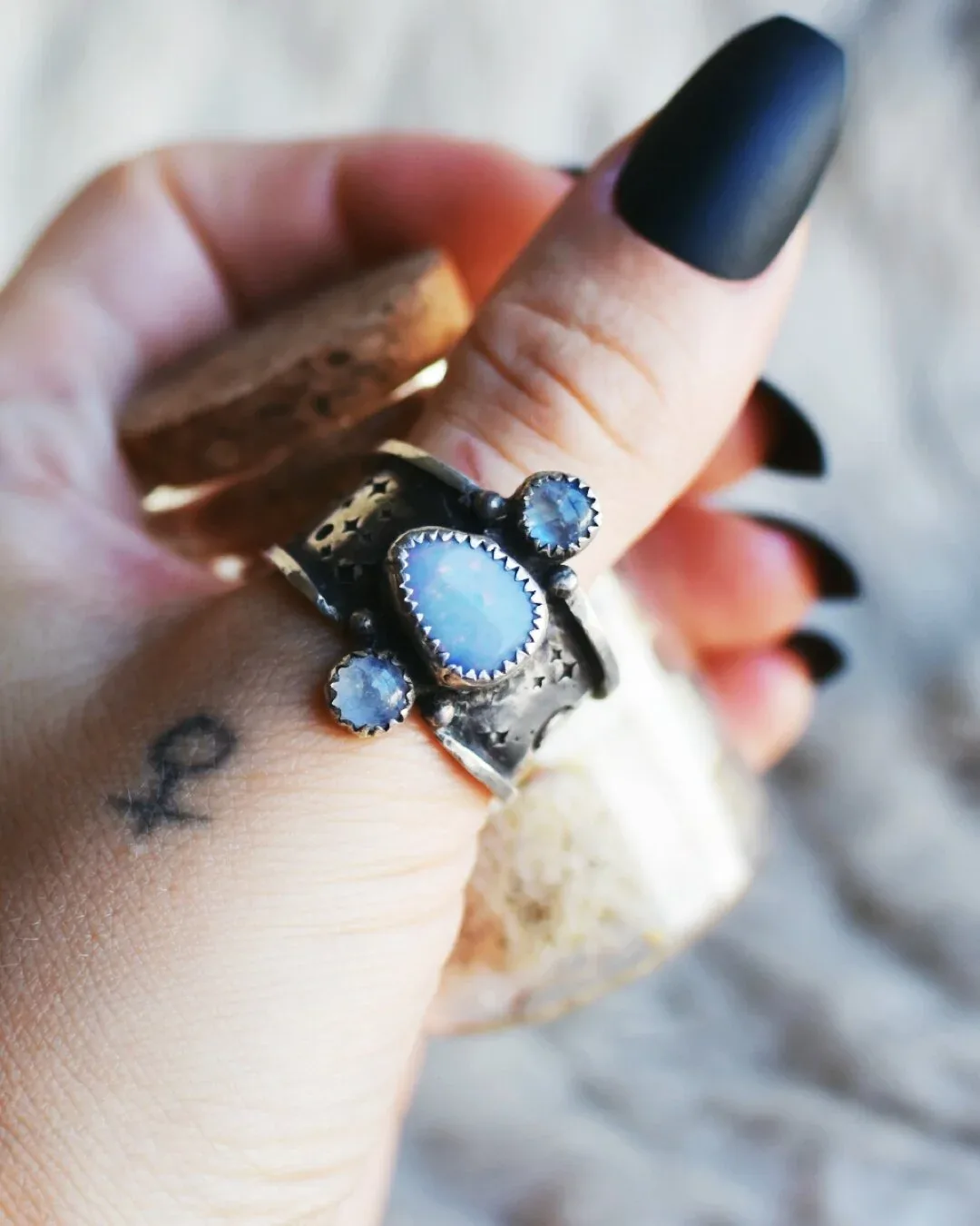 Australian Opal and Moonstone RIng- size 10.5