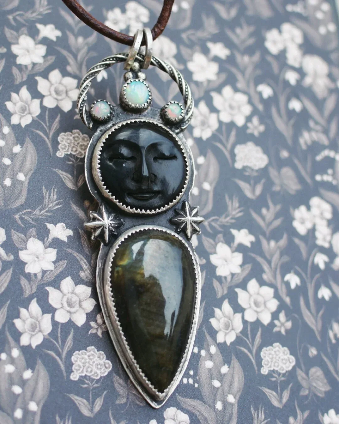 Opal, Face-Carved Horn, and Labradorite Goddess Necklace