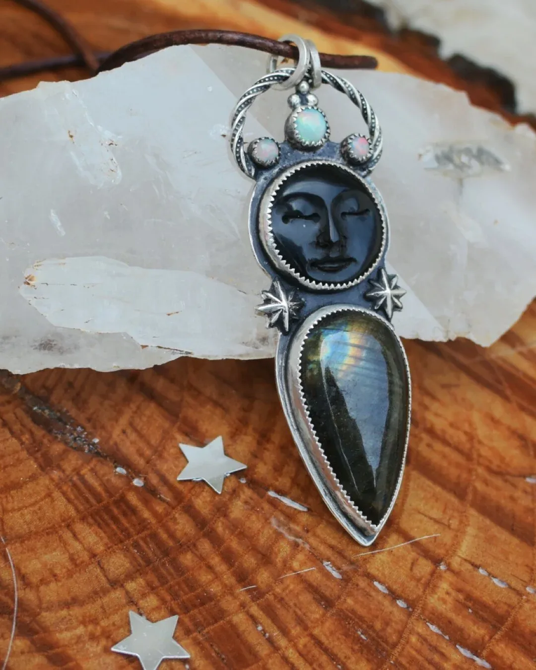 Opal, Face-Carved Horn, and Labradorite Goddess Necklace