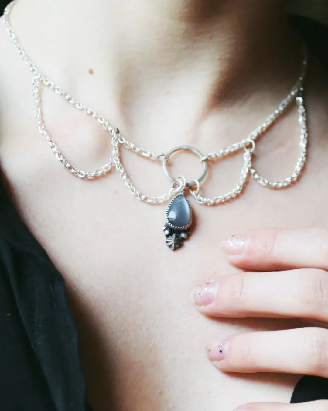 Opal, Face-Carved Horn, and Labradorite Goddess Necklace