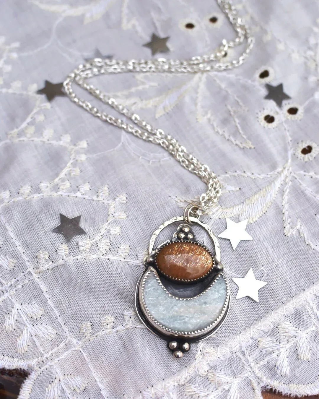 Sunstone and Amazonite Moon Necklace- 20” chain