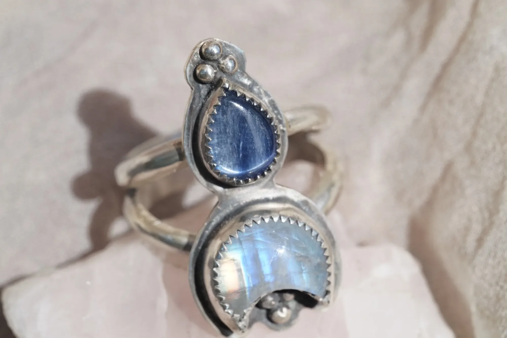 Kyanite and Crescent Moonstone ring- size 9.5