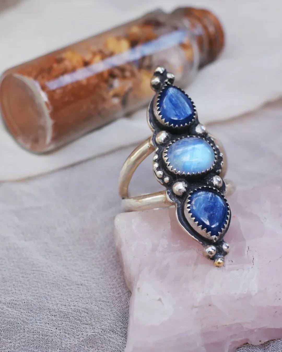 Double Kyanite and Moonstone Ring- size 9.5