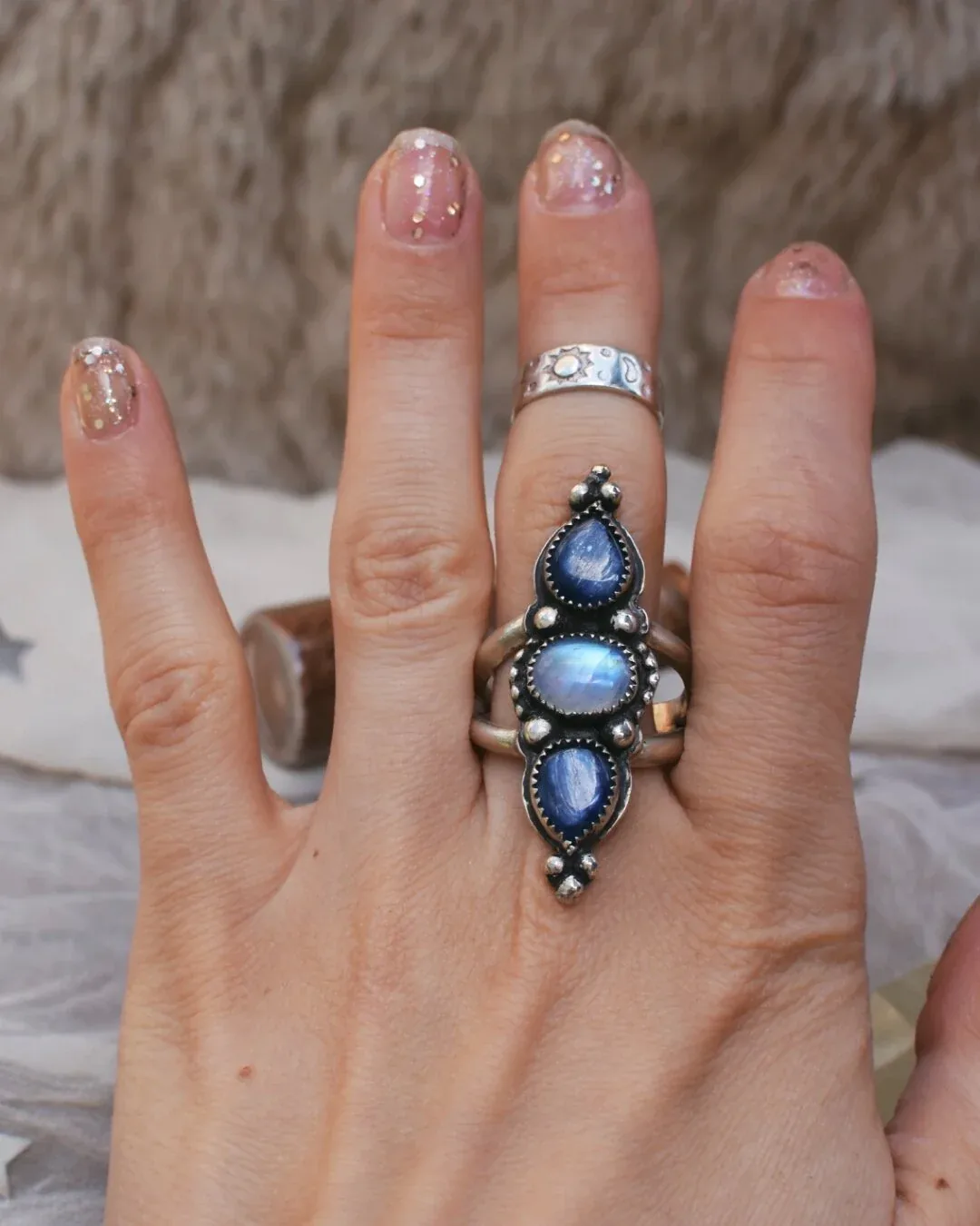Double Kyanite and Moonstone Ring- size 9.5