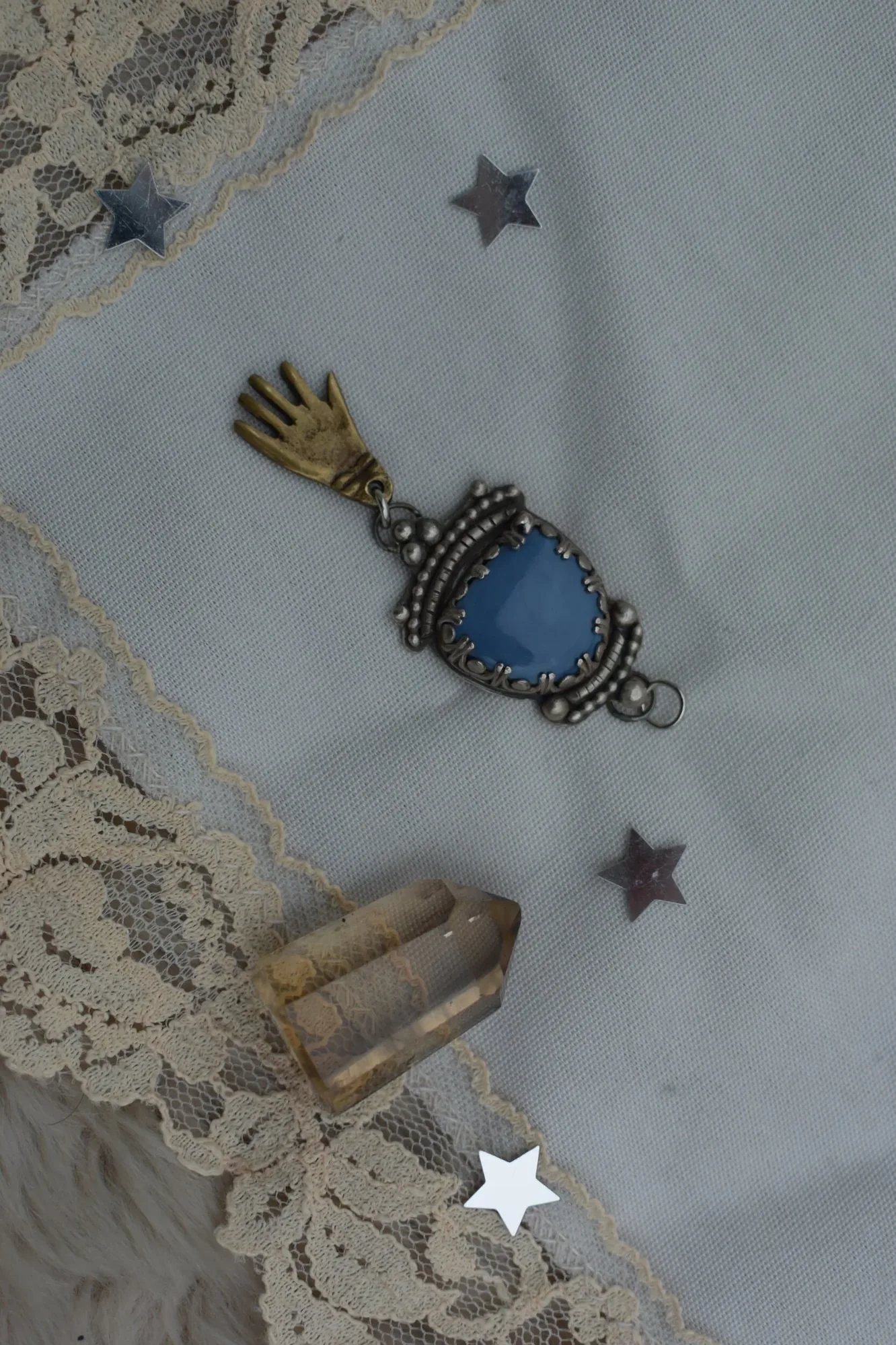 Fancy Blue Opal and Brass Pendant
