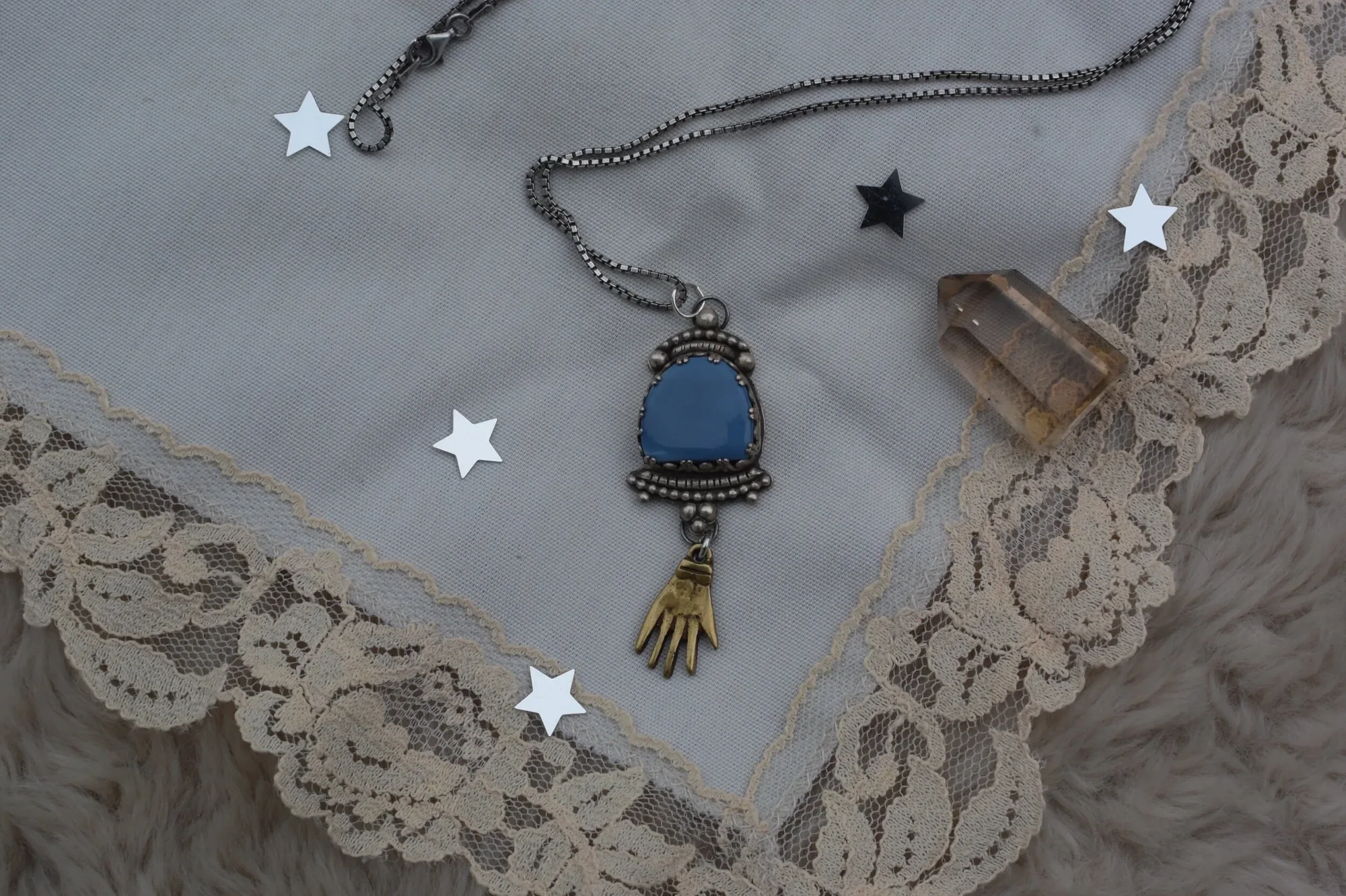 Fancy Blue Opal and Brass Pendant