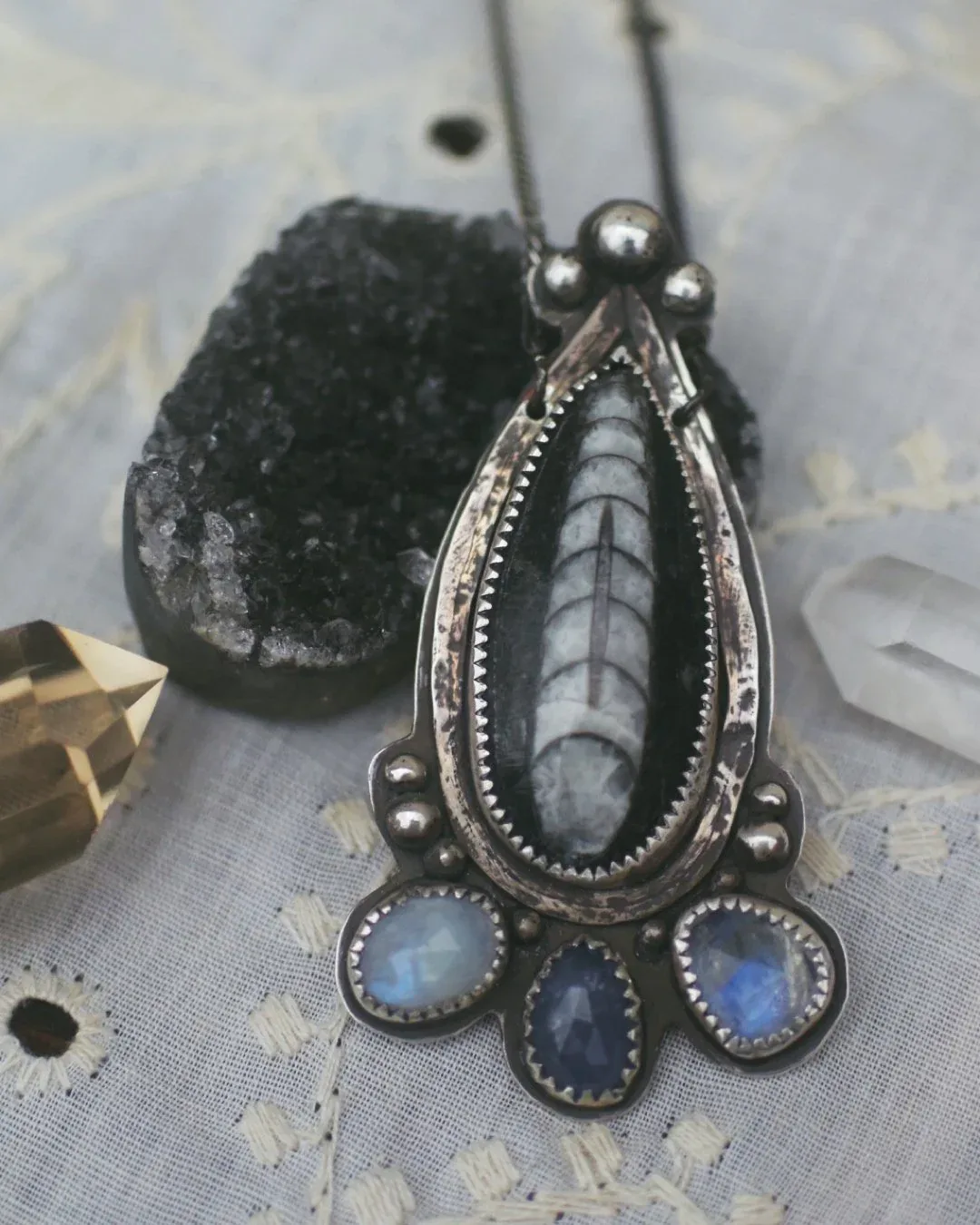 Fancy Blue Opal and Brass Pendant