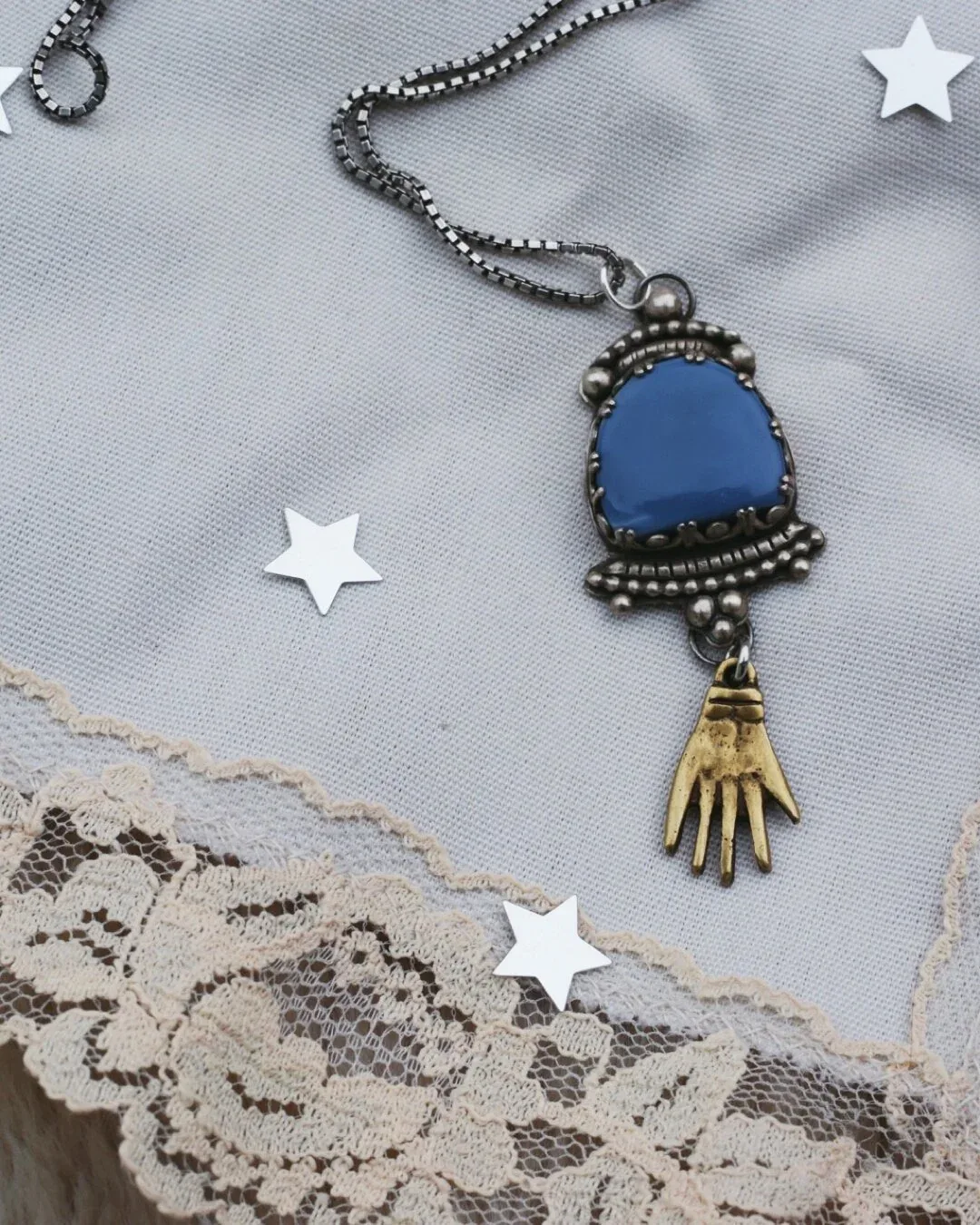 Fancy Blue Opal and Brass Pendant