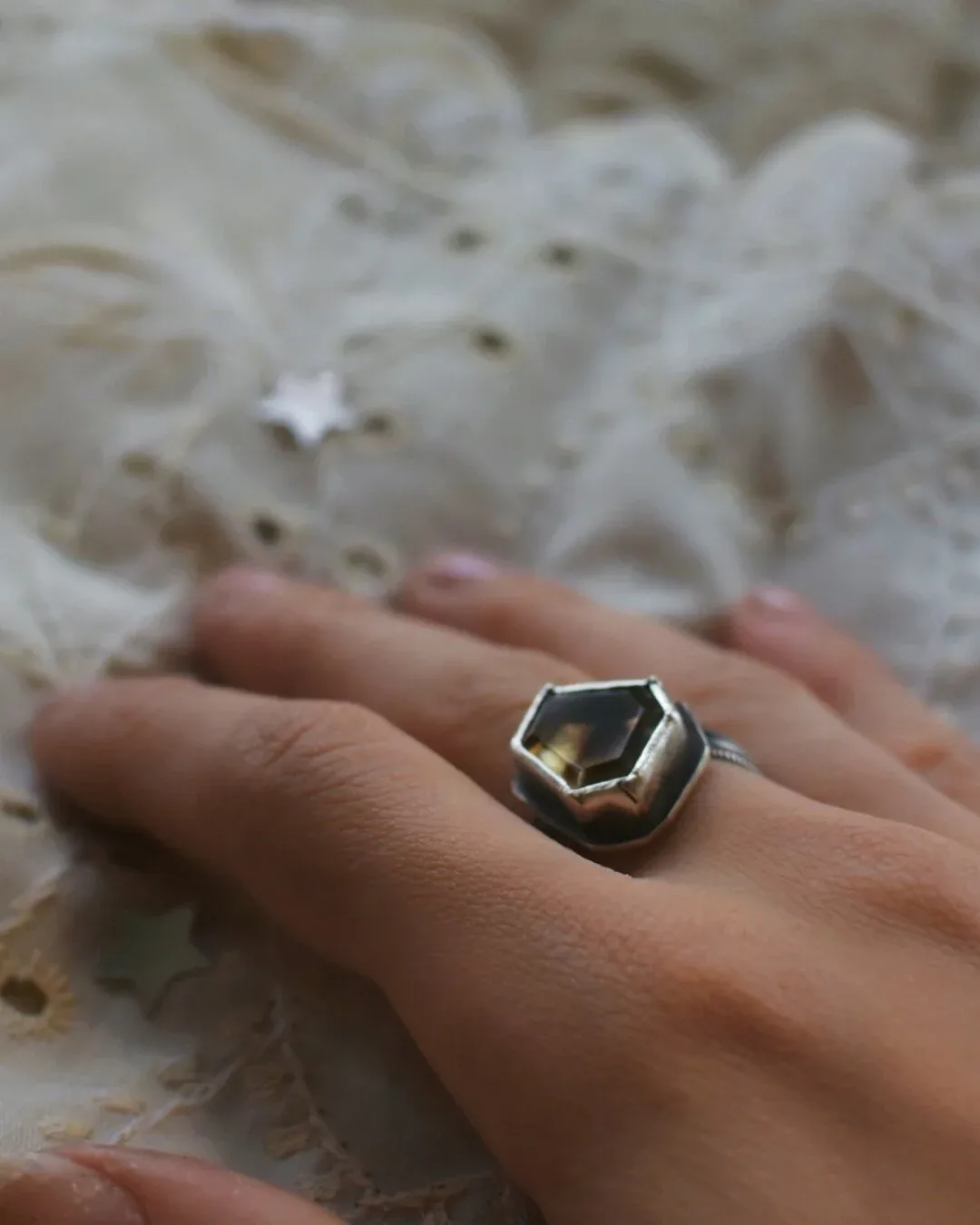 Moss Agate Shield Ring- Size 6