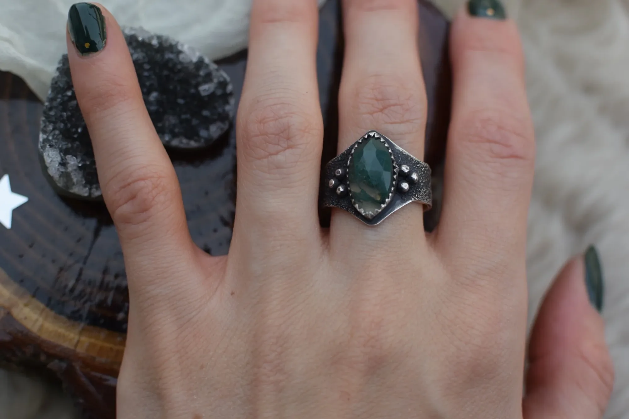 Moss Agate Shield Ring- Size 6