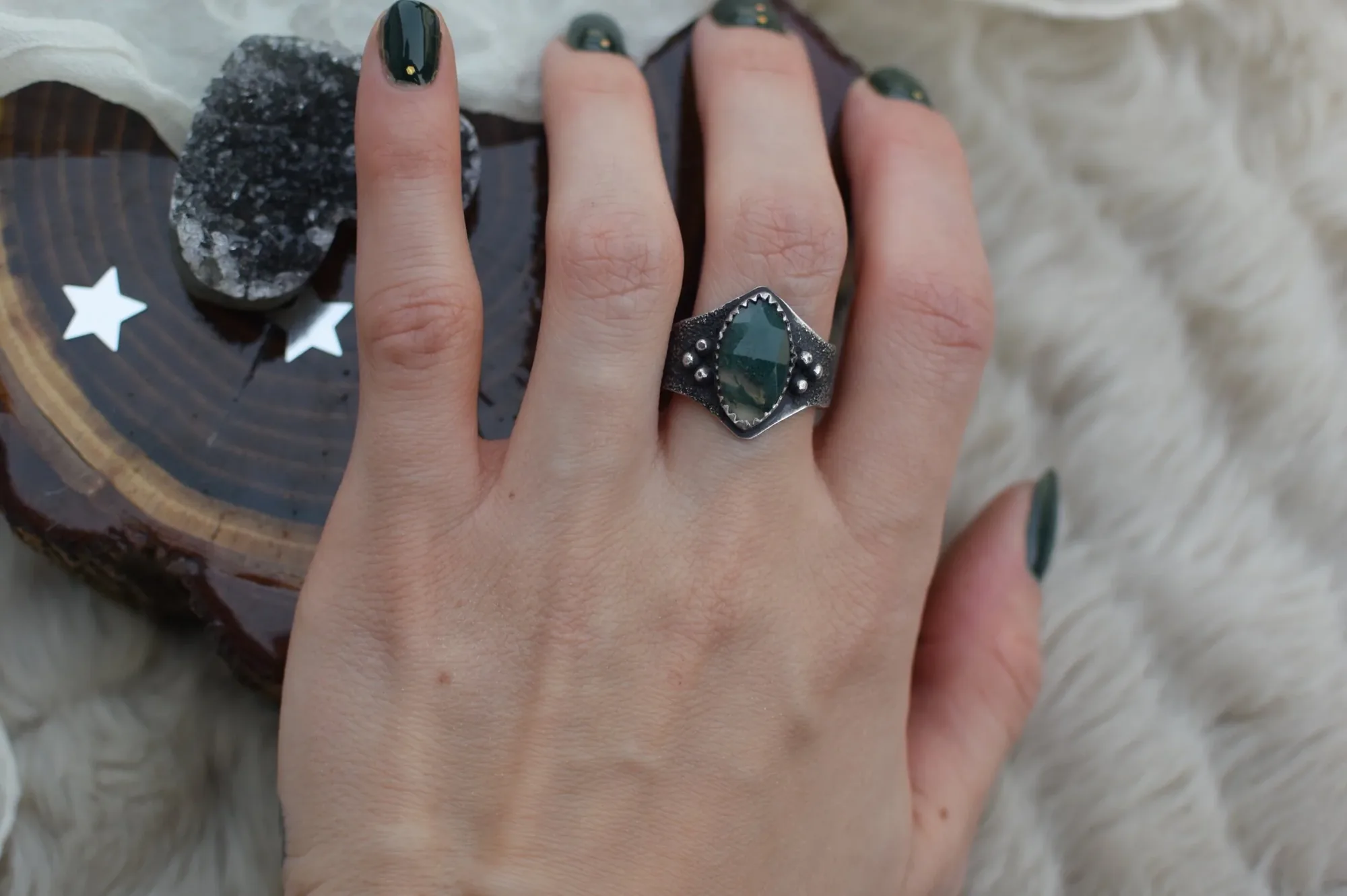 Moss Agate Shield Ring- Size 6